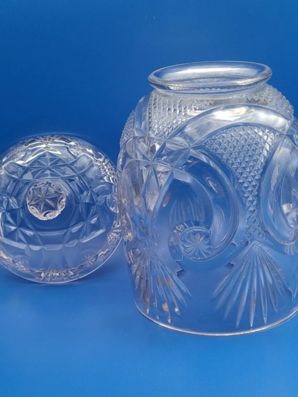 Antique EAPG Crystal Glass Crescent Fan Biscuit Jar Manganese Glow 9.5